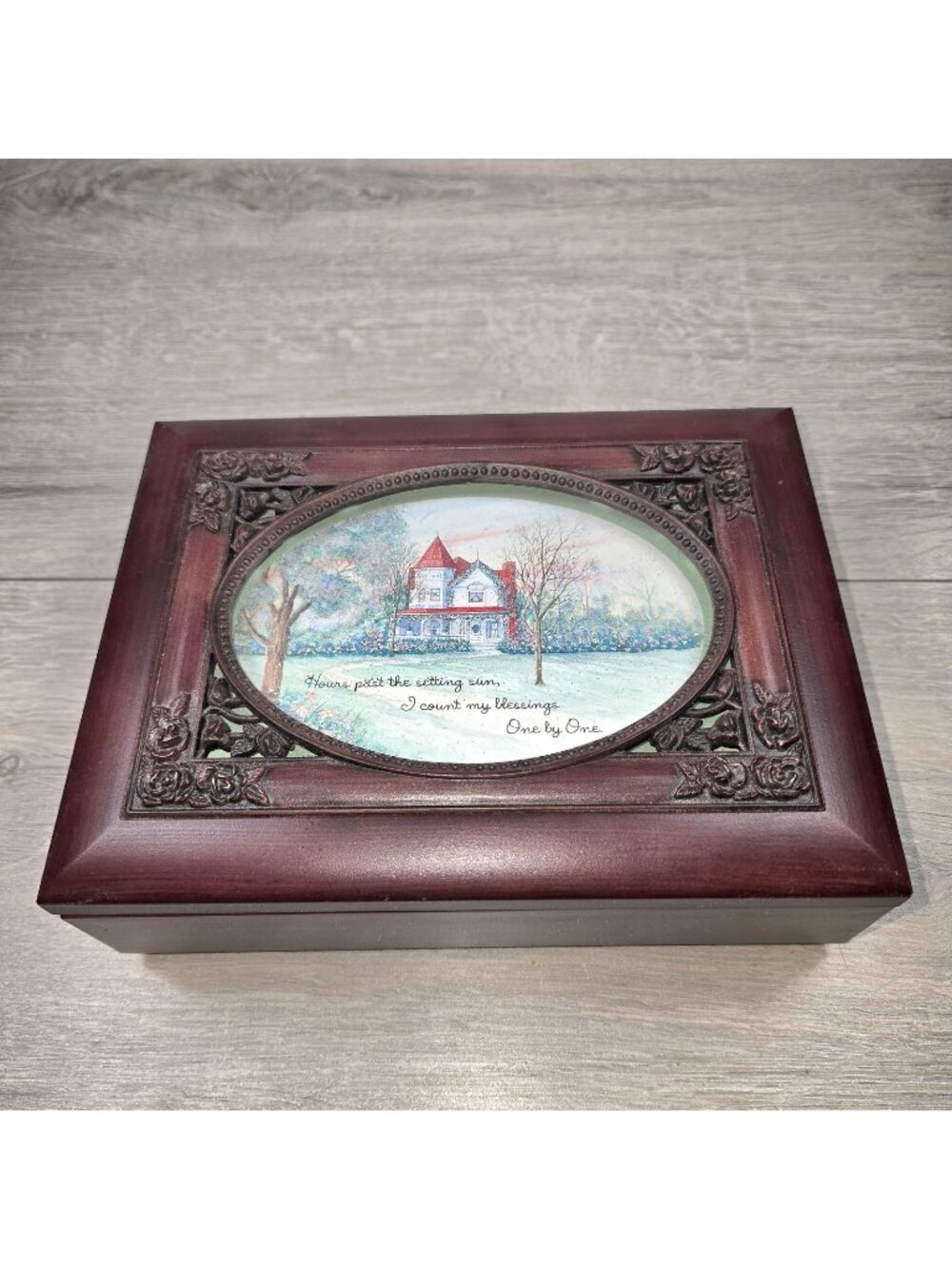 Ornate Keepsake Trinket Box Oval Photo Display Decorative Hinged Lid Faux Wood